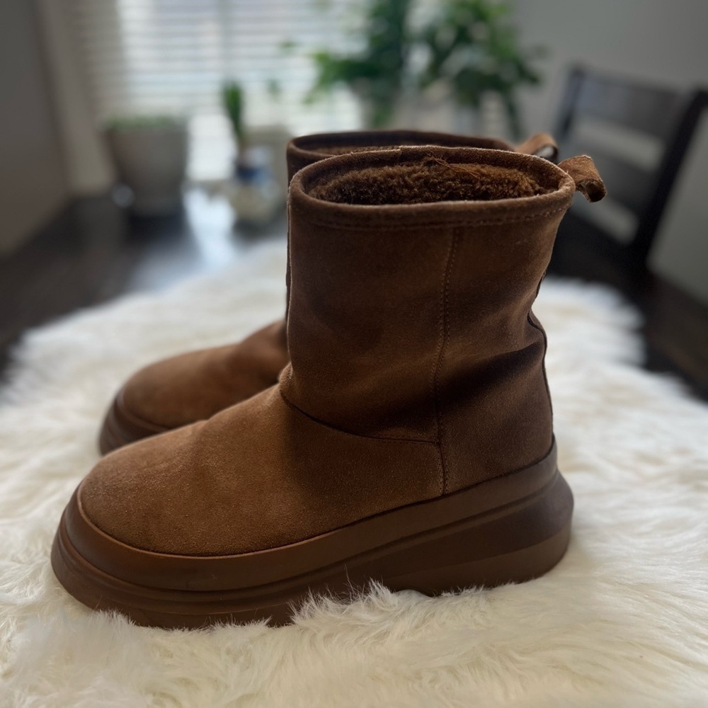 Zara Women's Suede Chunky Platform Winter Ankle Boots Tan Sherpa size 39